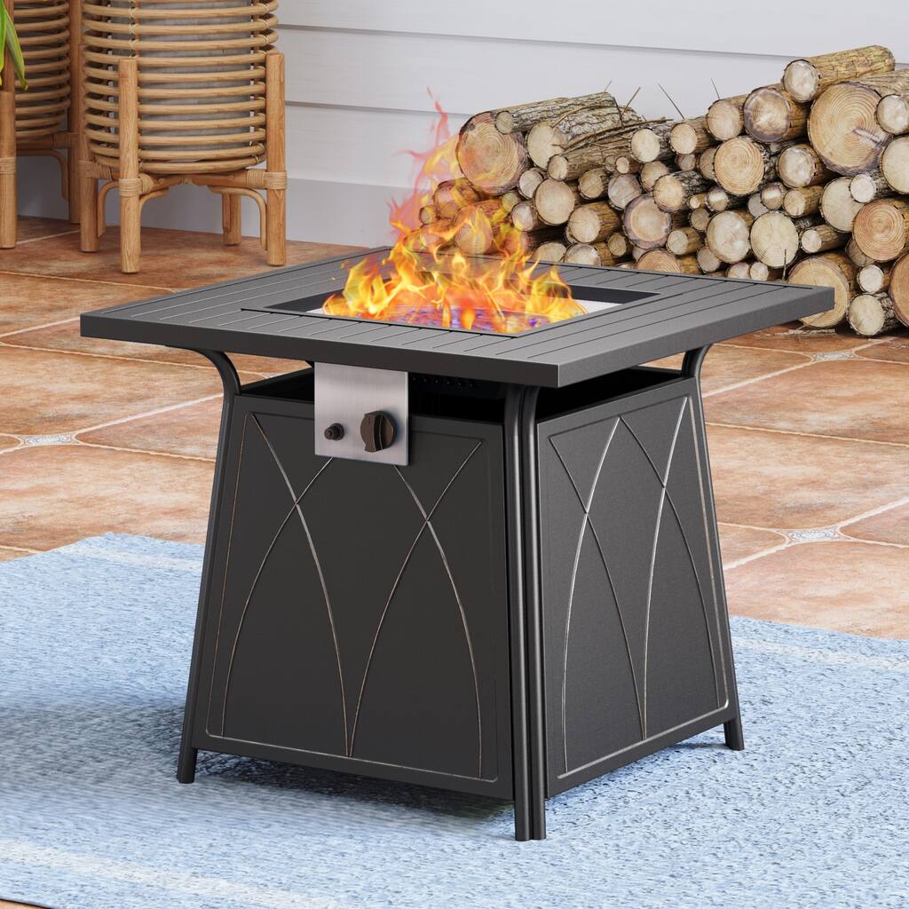 Gas Fire Pit Table, 28 Inch 50,000BTU Progane Fire Pits Table with Blue Fire Glass and Lid, Black