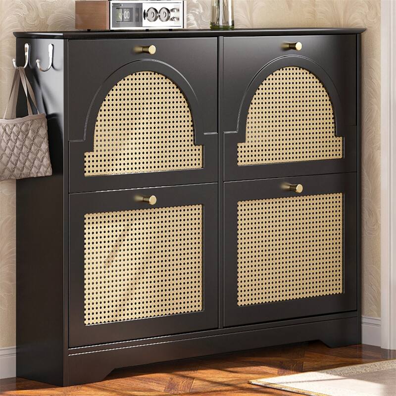Tipping Bucket Shoe Cabinet with 4 Flip Drawers,Rattan Doors,Hooks - Black