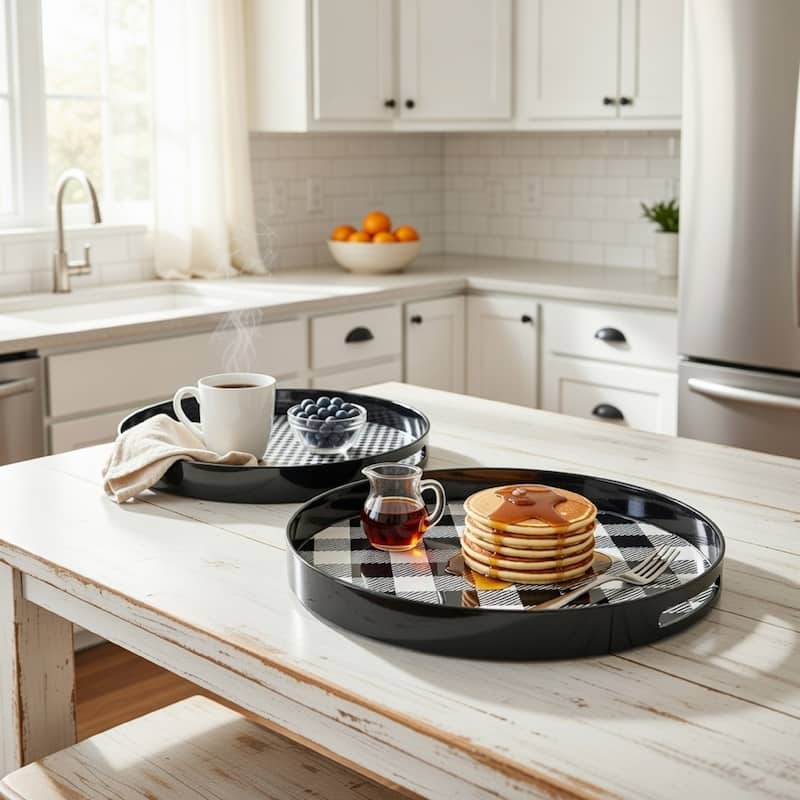 2 Piece Round Decorative Tray, Plastic Frame Black and White Plaid Print