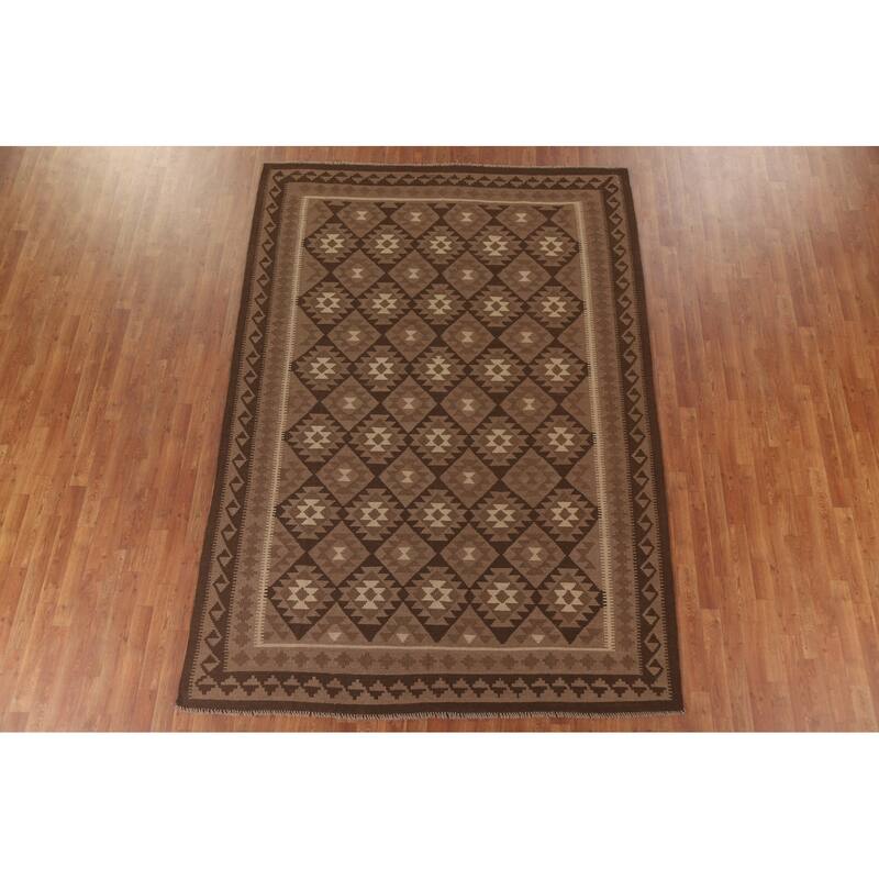 Hand Woven Oriental 100% Wool Carpet Southwestern Geometric Brown Kilim Area Rug - 9' 9'' X 6' 10''