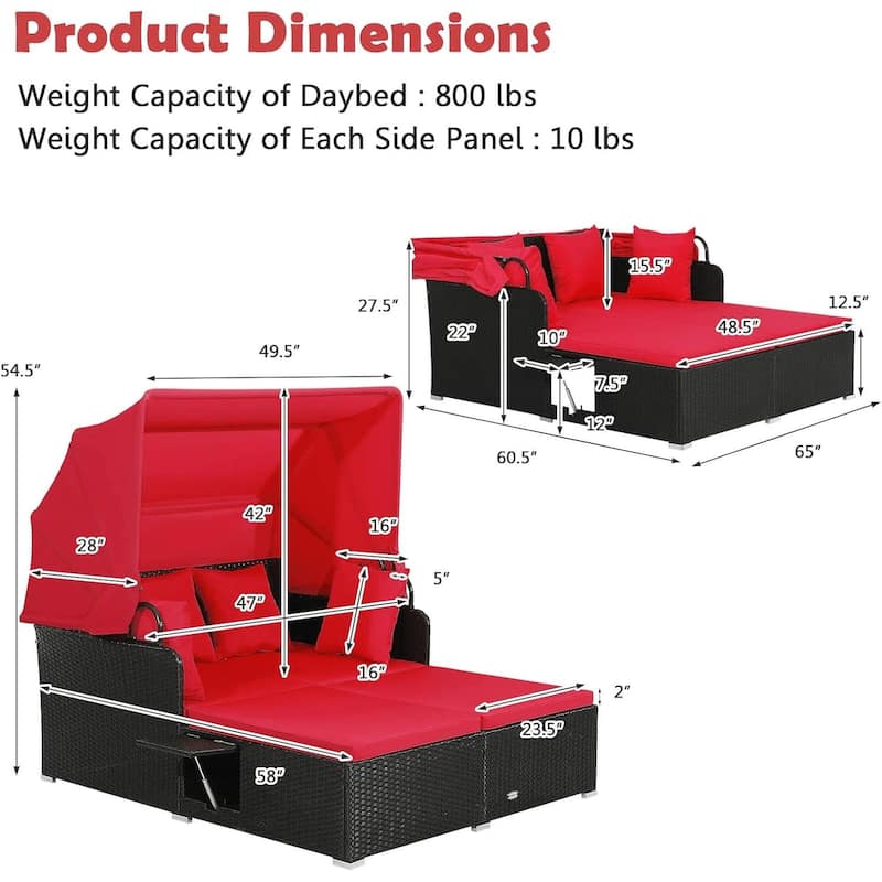 Costway Patio Rattan Daybed Lounge Retractable Top Canopy Side Tables - See Details