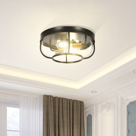 2-Light Modern Simple Farmhouse Drum Flush Mount Ceiling Light with Seeded Glass Shade