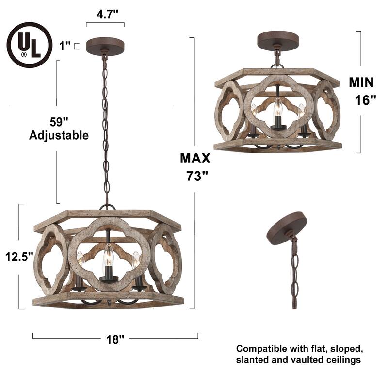 Clovy Modern Farmhouse 4-Light Wood Drum Lantern Chandelier for Dining Room - D 18" x H 12.5"