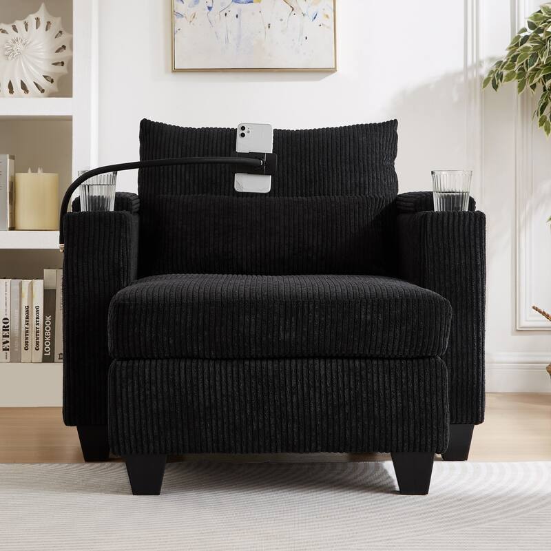 Convertible Sleeper Sofa Chaise Lounge with Movable Backrest, Corduroy Reading Chair with USB Ports, Cup Holders & Phone Holder