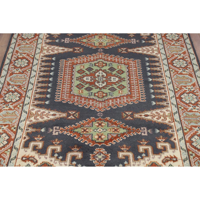 Blue Geometric Viss Indian Area Rug Hand-Knotted Wool Carpet - 6'0" x 8'9"