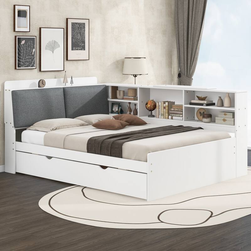 Full Size Platform Bed with Trundle, Storage Headboard, and Shelves in White