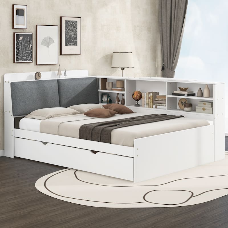 Solid Pinewood Captain Platform Bed with Trundle Bed, Upholstered Headboard, Rotatable Storage Board and Bookshelves