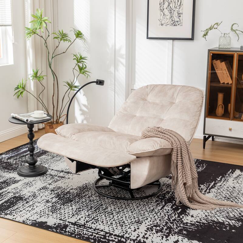 Anmytek Ivory Swivel Glider Recliner Gold Stamped Velvet Reading Chair with Phone Holder