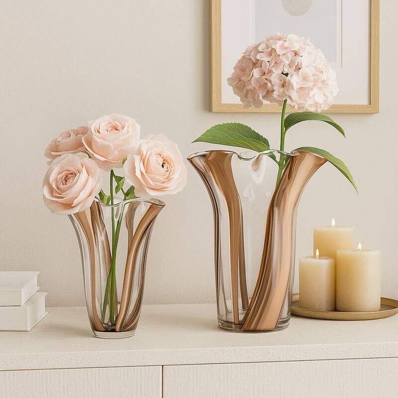 Set of Two Handblown Striped Chocolate Brown Vases