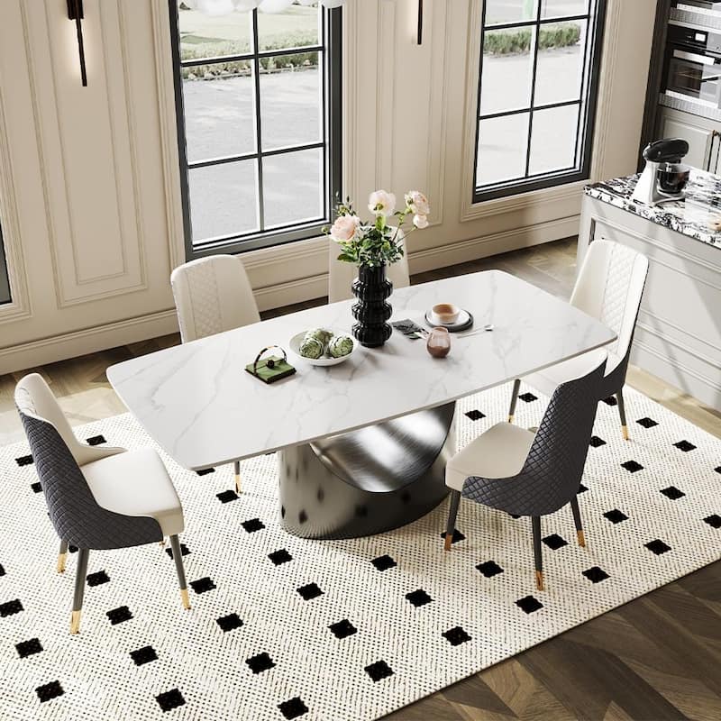 Modern Dining Table with Rectangular Sintered Stone Tabletop, Carbon Steel Leg, Minimalist Kitchen Dining Room Table