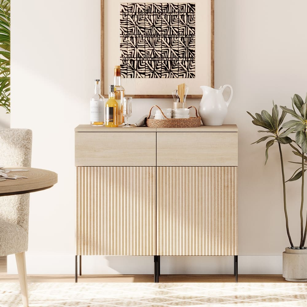 31.5" Wooden 2-Doors Sideboard With Charging Station, Modern Reeded Credenza Storage Cabinet