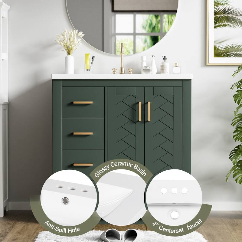 30'' Bathroom Vanity with Sink, Solid Wood Frame, 3 Drawers & 2 Soft-Close Doors, Freestanding Cabinet