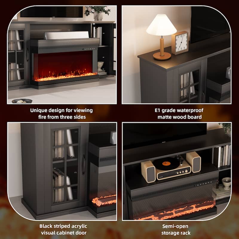 70" Fireplace TV Stand with 3-Sided Glass, ETL Certified, 12 Flame Colors, Realistic Ember Bed, Accommodates TVs up to 80"