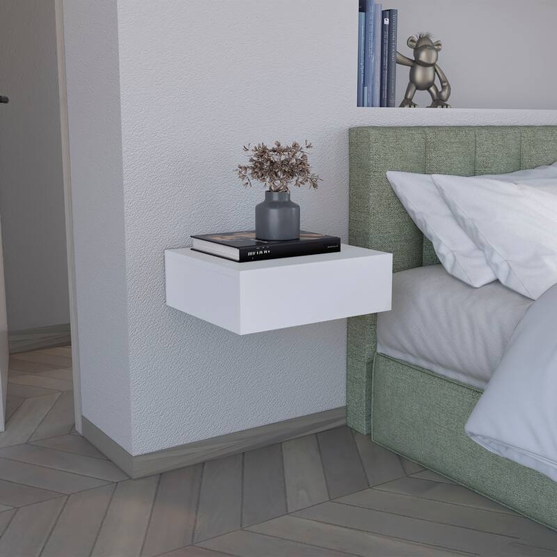 Modern Wall-Mounted Bedside Shelf with Drawer, White - White