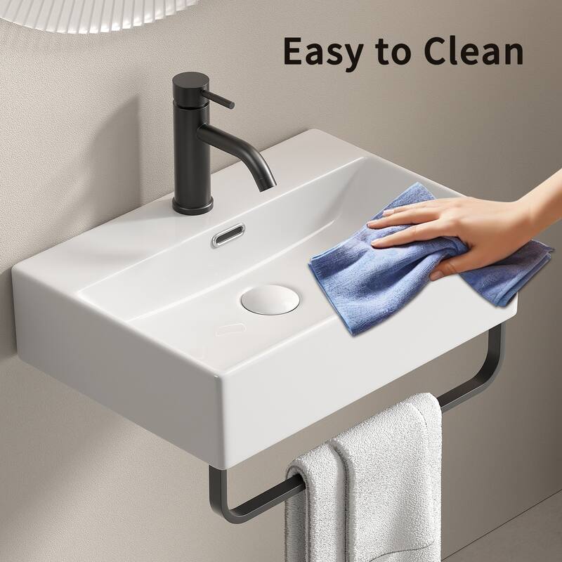 GDFStudio - Vale Modern Ceramic Wall Mounted Vessel Sink with Integrated Towel Bar and Faucet Hole