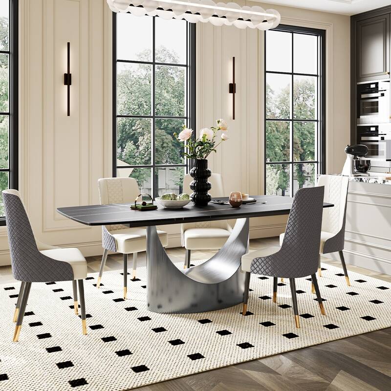 63"-94" Hobart Modern Dining Table with Rectangular Sintered Stone Tabletop and Carbon Steel Leg for 4-10