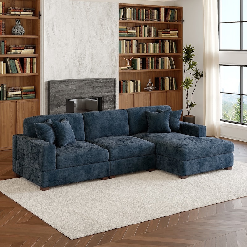 Modern Oversized Chenille Modular Sectional Sofa With Chaise - Blue/3 Piece - Right Facing