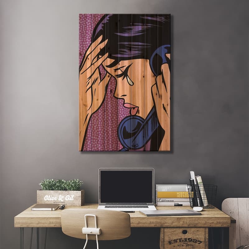 Telephone Crying Girl Print On Wood by Allyson Gutchell - Multi-Color