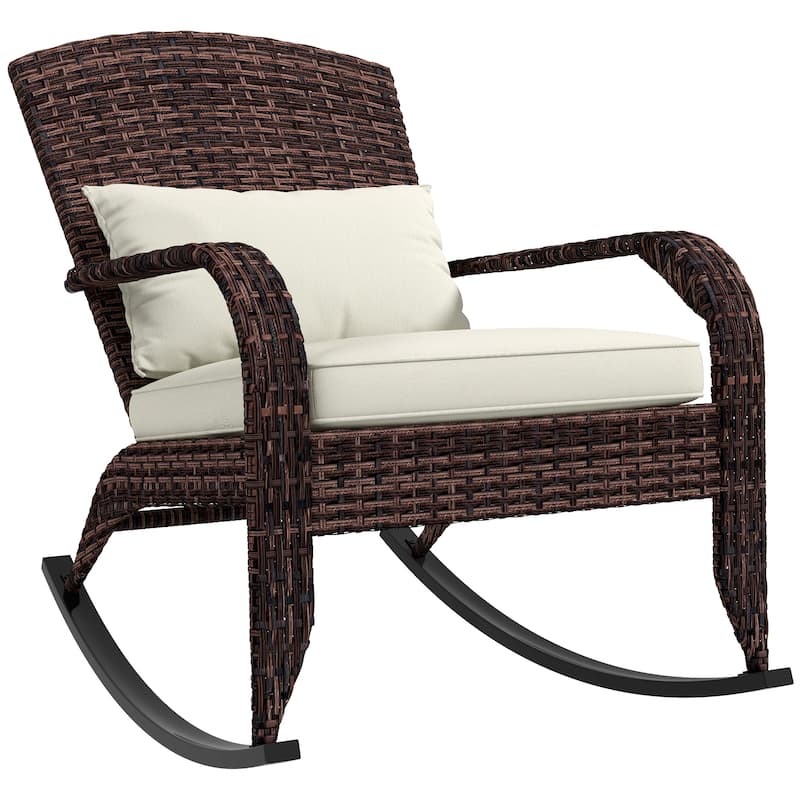 Outsunny Outdoor Wicker Adirondack Rocking Chair, Patio Rattan Rocker Chair with High Back, Seat Cushion, and Pillow for Garden