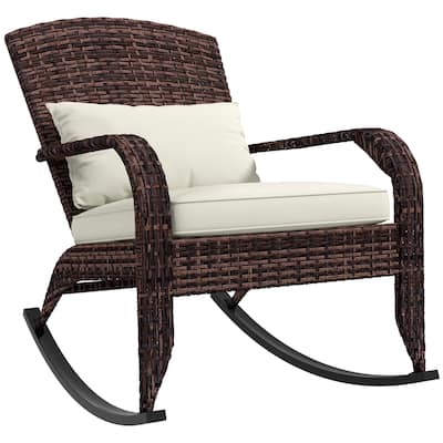 Wicker Adirondack Rocking Chair, Patio Rattan Rocker Chair with High Back, Seat Cushion, and Pillow for Garden, Porch, Balcony