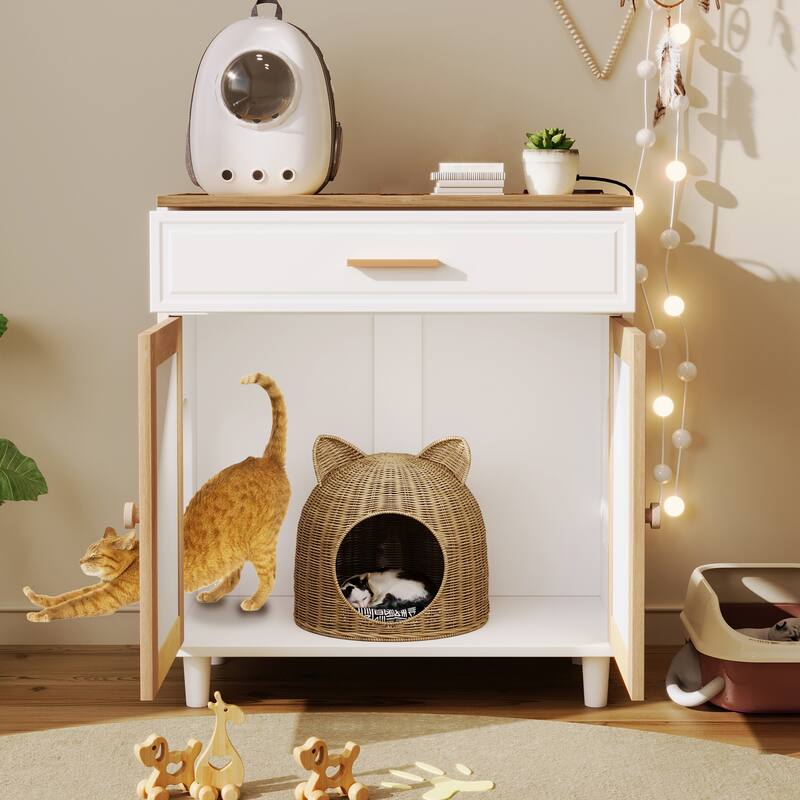 Cat Litter Box Enclosure with Drawer, Hidden Litter Box Furniture Cabinet, Multi-Functional Pet House, Cat Washroom - White