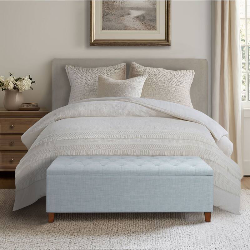 Roomfitters 49-Inch Tufted Top Storage Bench with Soft Close Lid and Solid Wood Legs, Light Blue Polyester Upholstery - Light Blue
