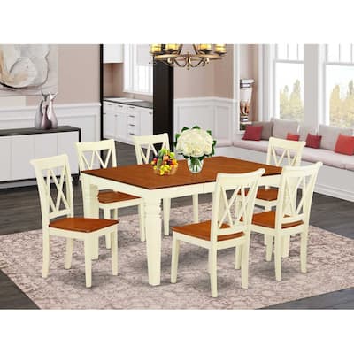 Rectangular Dining Table Set - 7Pc Table & Chairs - 42/60 Inch Table with Leaf - Double X Back Design