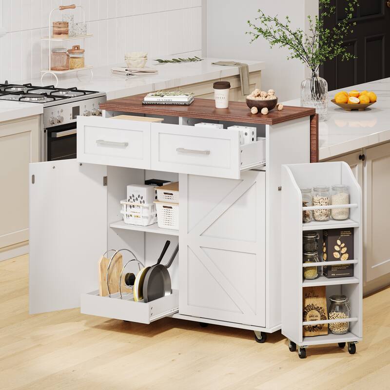 Kitchen Island with Drop Leaf, Kitchen Storage Cabinet with Removable Side Racks, Rolling Kitchen Cart with Towel Rack