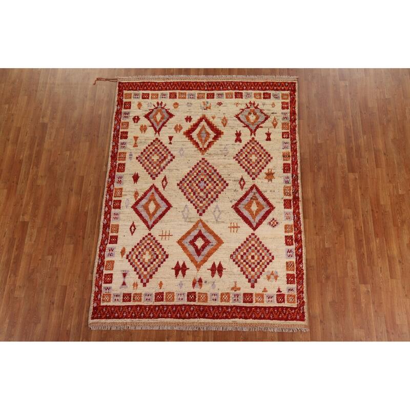 Hand Knotted Oriental 100% Wool Carpet Modern Tribal Beige & Ivories Moroccan Area Rug - 7' 10'' X 5' 9''