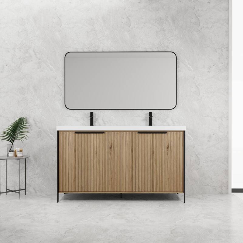 59-inch Double Sink Bathroom Vanity with Adjustable Shelves, Soft-Close Hinges, Resin Basin