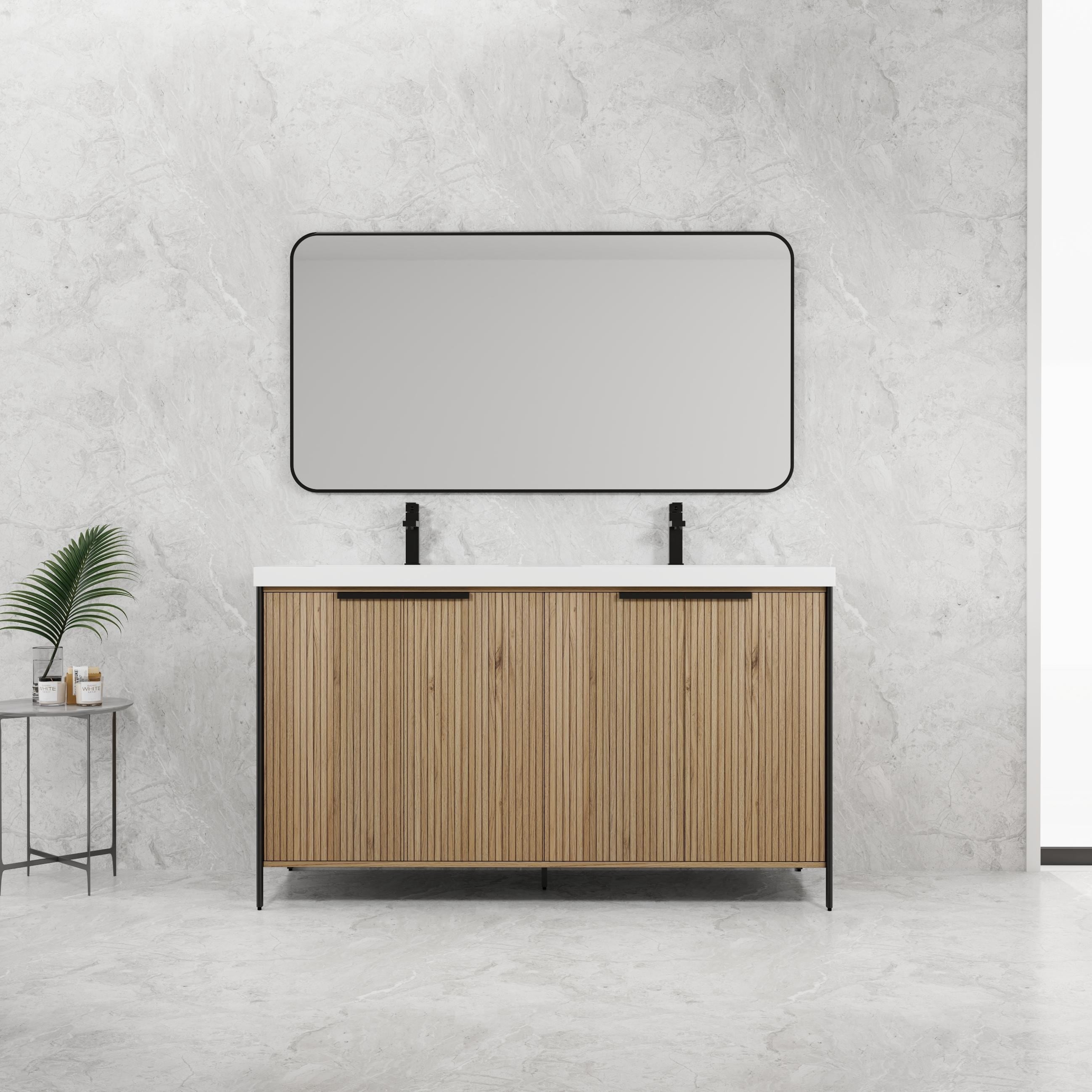 60" Freestanding Bathroom Vanity with Double Resin Sink & 4 Soft-Close Cabinet Doors
