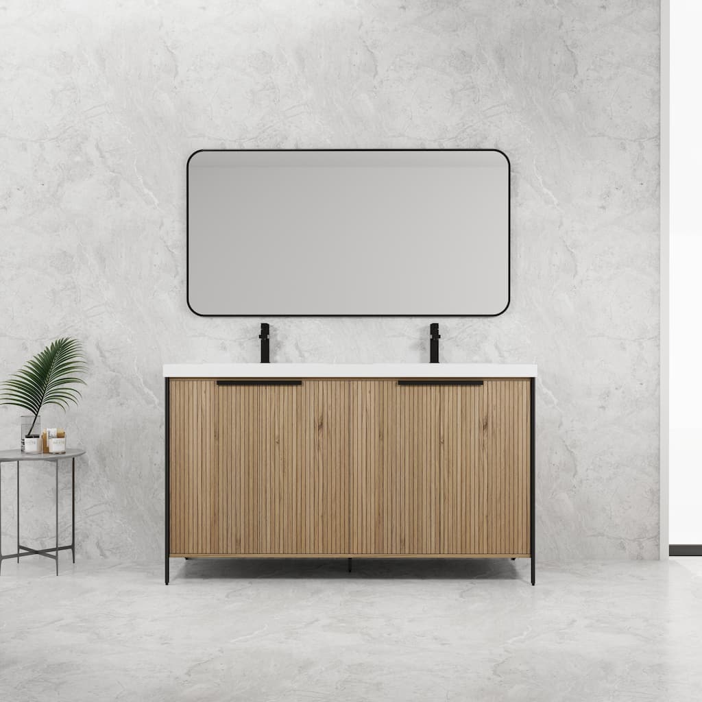 60" Freestanding Bathroom Vanity with Double Resin Sink & 4 Soft-Close Cabinet Doors