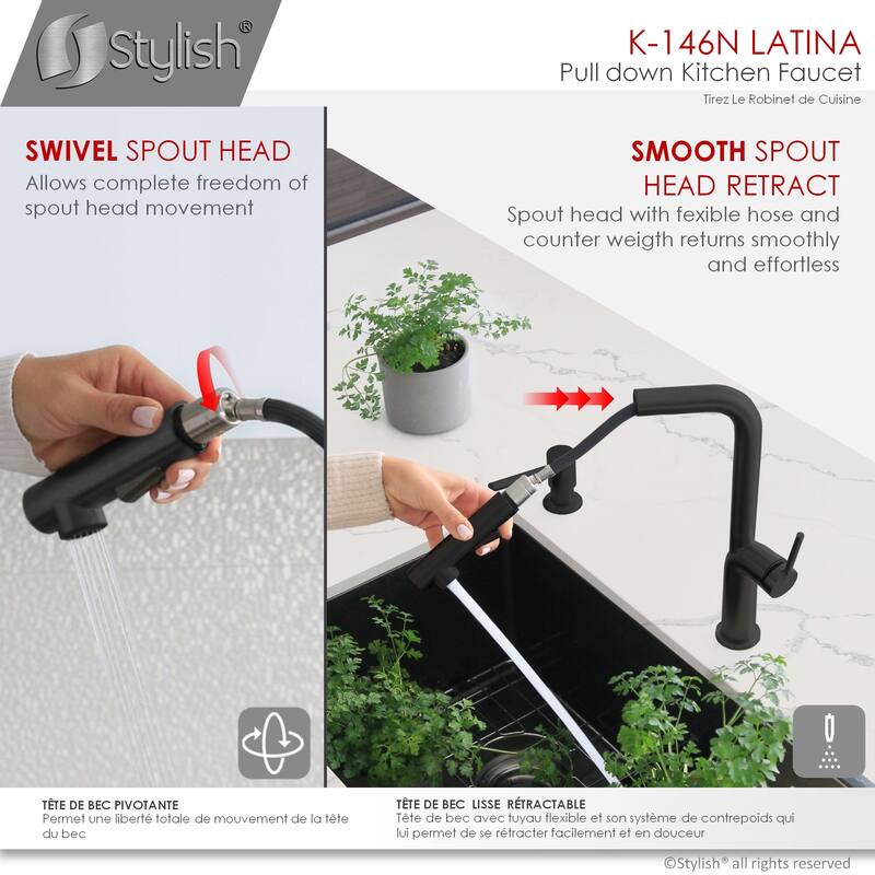 STYLISH Kitchen Sink Faucet Single Handle Pull Down Dual Mode in Stainless Steel