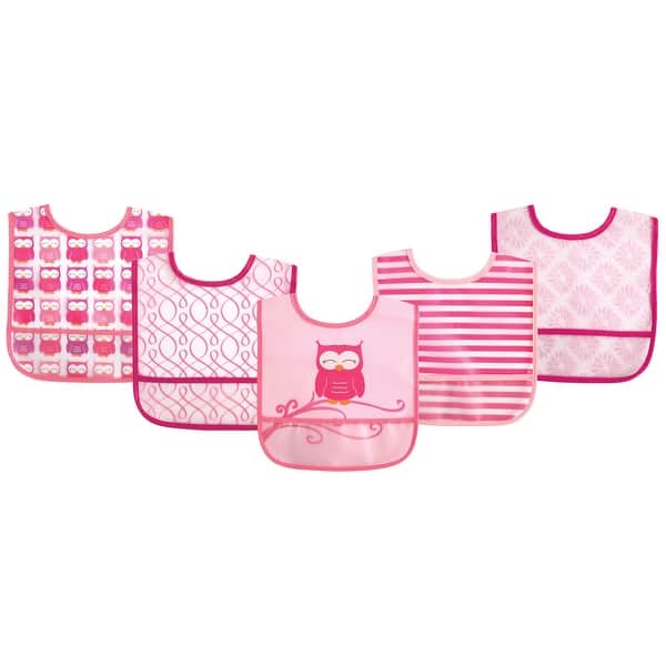 slide 1 of 1, Luvable Friends Baby Girl Waterproof PEVA Bibs 5pk, Pink Owl, One Size - Pink Owl - One Size One Size - Pink Owl