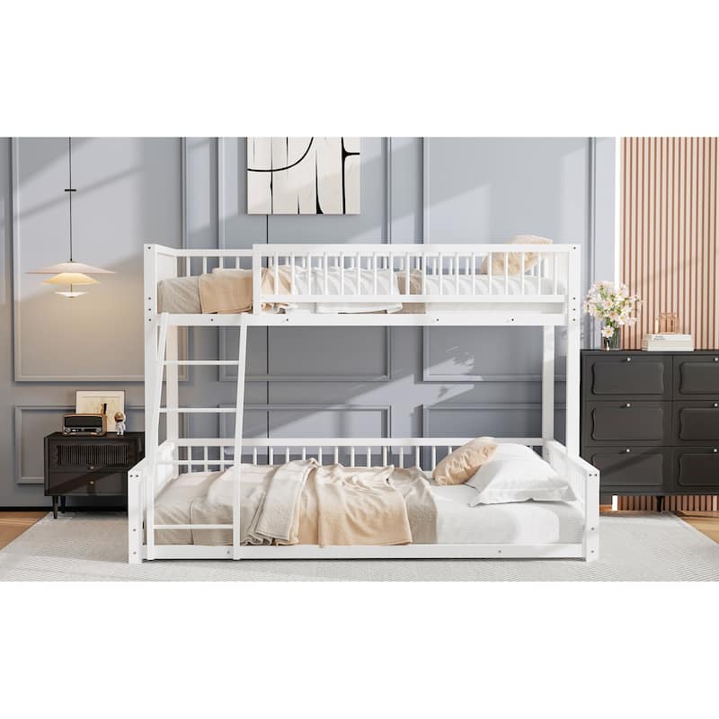 Roomfitters Twin/Full XL over Queen Floor Bunk Bed Frame with Ladder and Safety Guardrails Easy Assembly, Black