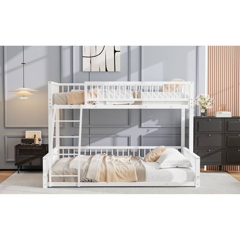 Twin XL Over Queen Floor Bunk Bed Frame - with Ladder, Safety Guardrails, Easy Assemble