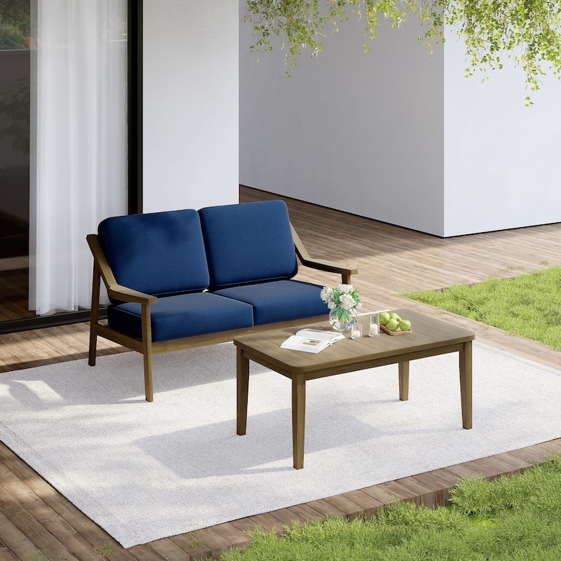 Outdoor Wood Teak Cushioned Patio 2 Seater Loveseat with Coffee Table