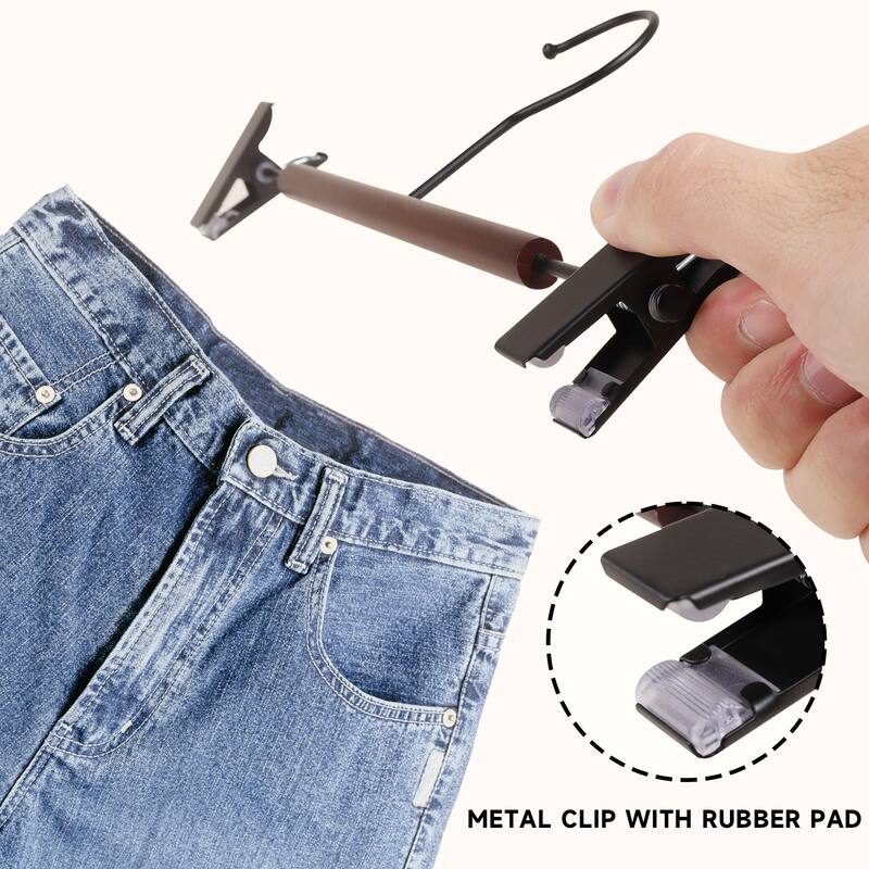 BP4U Premium Metal Pants Hangers with Adjustable Clips, Beech Wood Skirt Bottom Hangers for Trousers, Jeans, Shorts, Socks