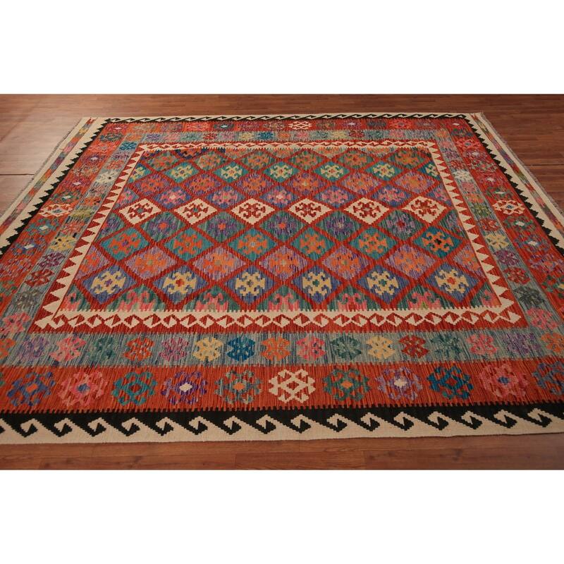 Kilim Oriental Area Rug Hand-Woven Orange Wool Carpet - 8'1" x 9'10"