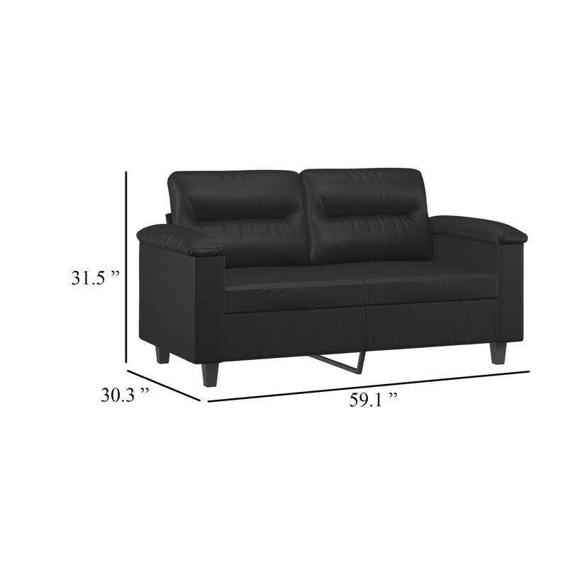 2 Seater Sofa, Black Faux Leather, Tufted Cushions, Steel, 59 Inch