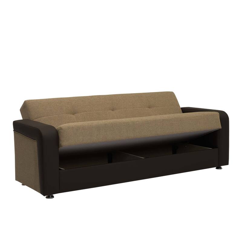 HomeRoots 90" Brown Chenille And Faux Leather Convertible Futon Sleeper Sofa And Toss Pillows With Storage