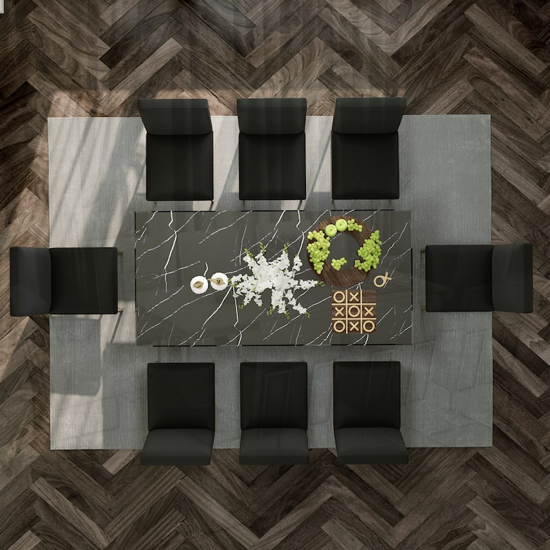 White and Gold Dining Room Table Set with 72 inch Table and White PU Leather Dining Chairs