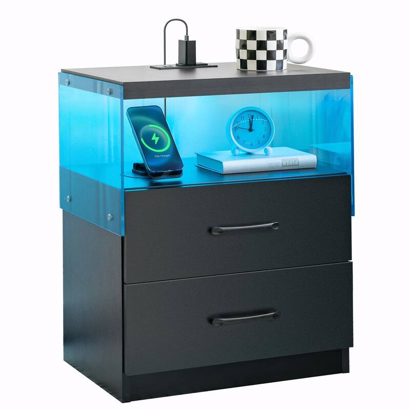 LED Nightstand with Adjustable Colors, 2 Drawers & Power Outlets