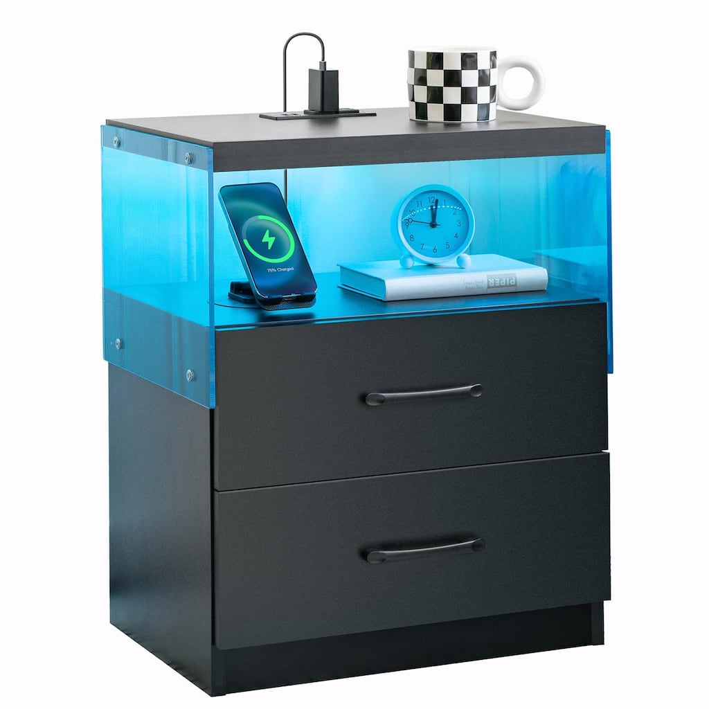 LED Nightstand with Adjustable Colors, 2 Drawers & Power Outlets