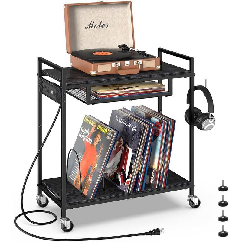2 Tier Vinyl Record Player Table Stand with Charging Station - Black