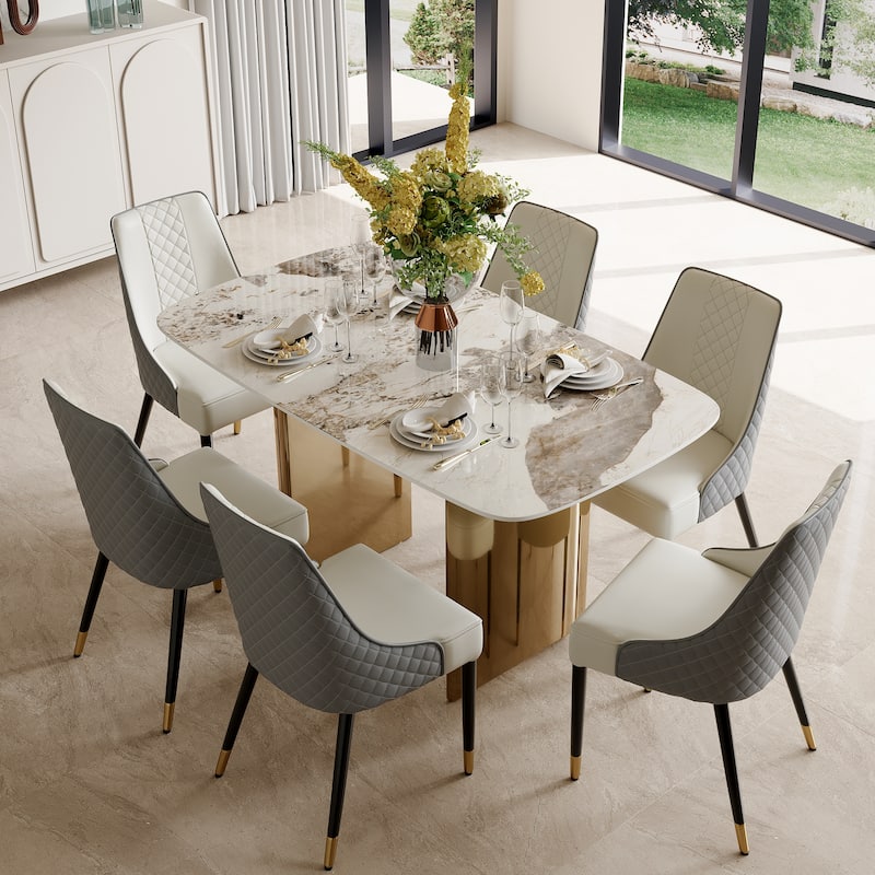 White Rectangular Sintered Stone Dining Table with Double Pedestals