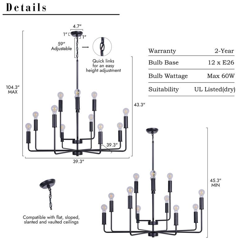 Modern 12-Light Black Chandelier Candle Large Light Fixture for Dining Room - 39.3 " L × 43.3 " H