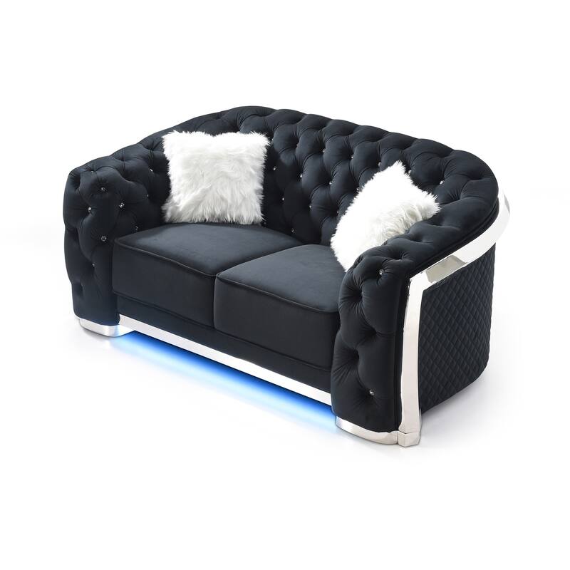 Button Tufted Flared Arm Velvet Straight Sofa with LED Lights - 71" - Black