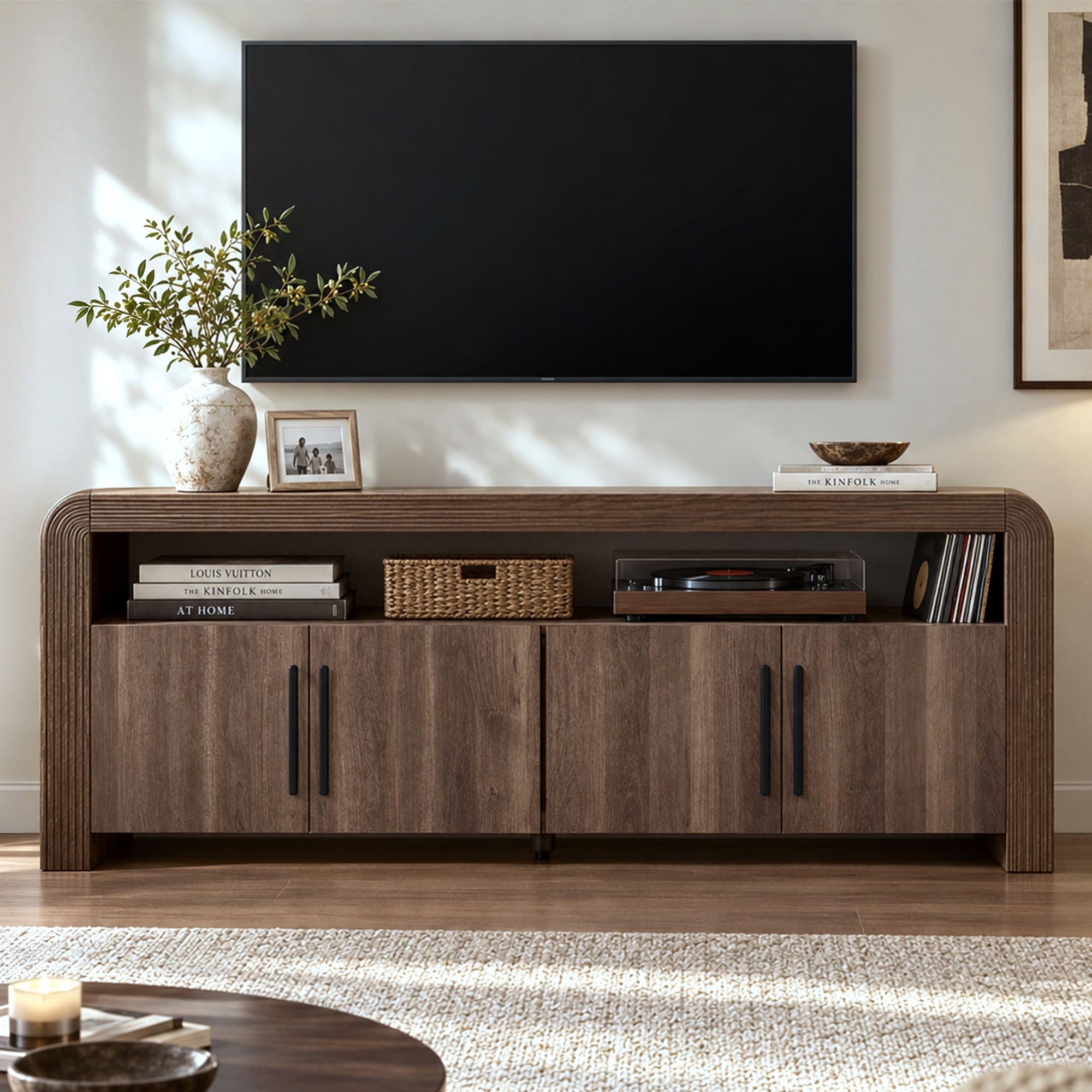 72"W Mid Century Fluted TV Stand for TVs Up to 80", Curved Storage Cabinet Design with Adjustable Shelves