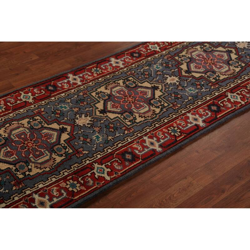 Blue Geometric Heriz Serapi Runner Rug Hand-Knotted Wool Carpet - 2'7"x 7'10"